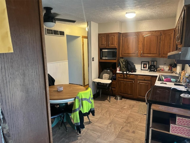 kitchen with sink, stainless steel microwave, a textured ceiling, and ceiling fan