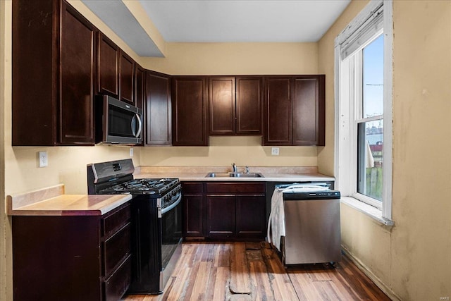 kitchen with hardwood / wood-style flooring, appliances with stainless steel finishes, sink, and dark brown cabinets