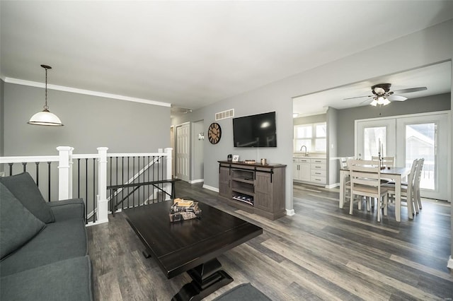 living room with dark wood-type flooring