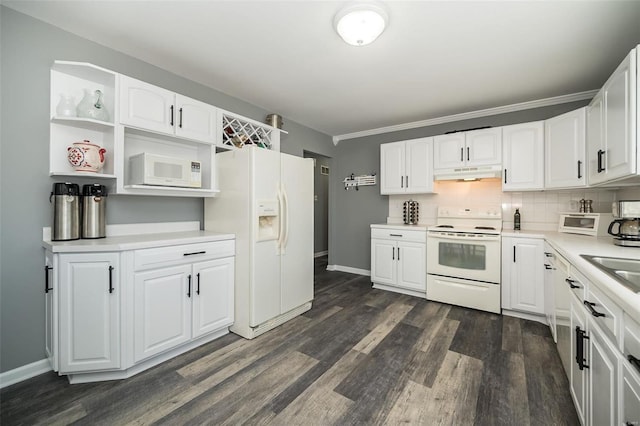 kitchen with white cabinetry, white appliances, tasteful backsplash, and dark wood-type flooring