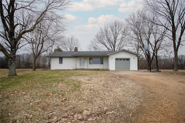 ranch-style home featuring dirt driveway, a chimney, an attached garage, and a front yard