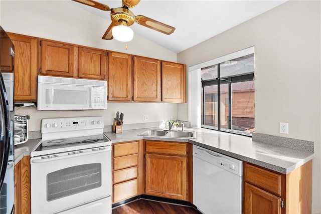 kitchen with sink, white appliances, dark wood-type flooring, ceiling fan, and vaulted ceiling