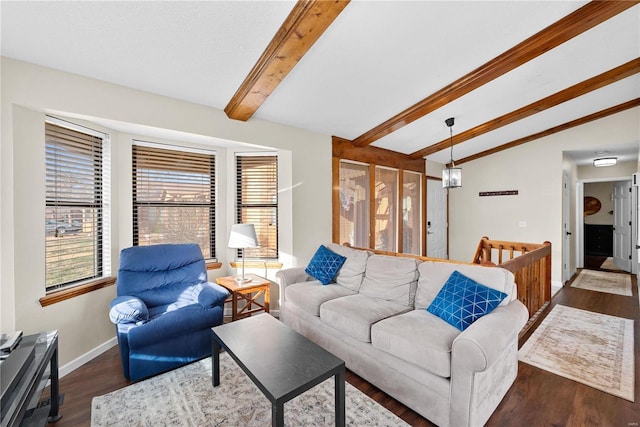 living room featuring dark hardwood / wood-style flooring and vaulted ceiling with beams