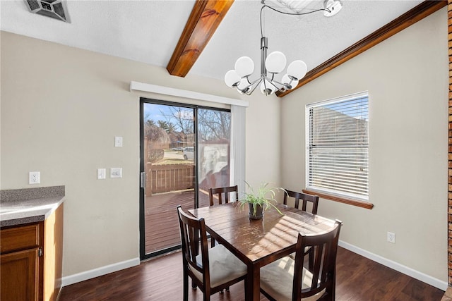 dining area featuring dark hardwood / wood-style flooring, vaulted ceiling with beams, a notable chandelier, and a textured ceiling