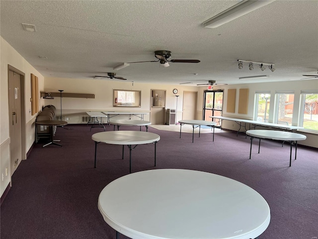 rec room featuring carpet and a textured ceiling