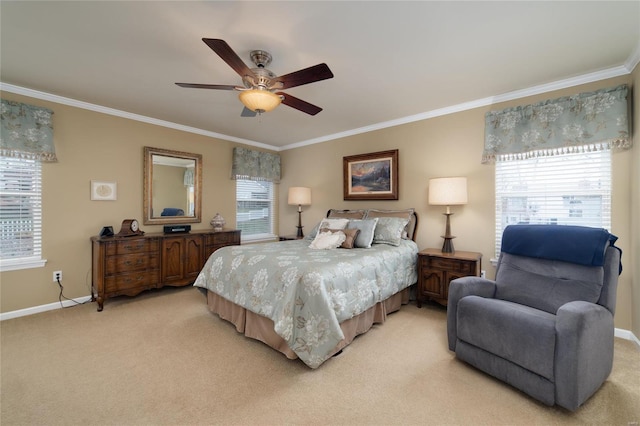 bedroom featuring ceiling fan, ornamental molding, and light carpet