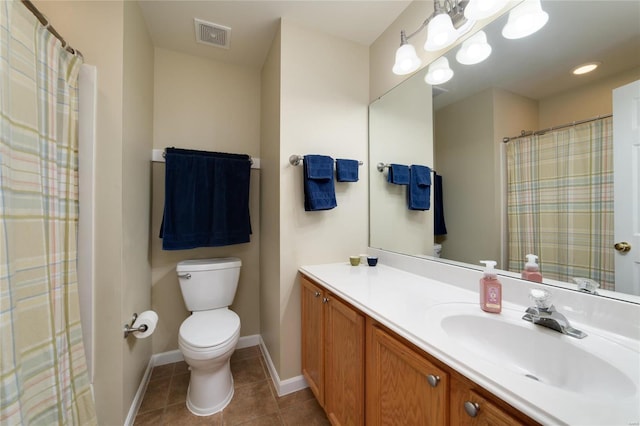 bathroom with vanity, curtained shower, tile patterned floors, and toilet