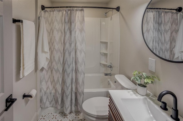 full bathroom featuring shower / tub combo, vanity, and toilet