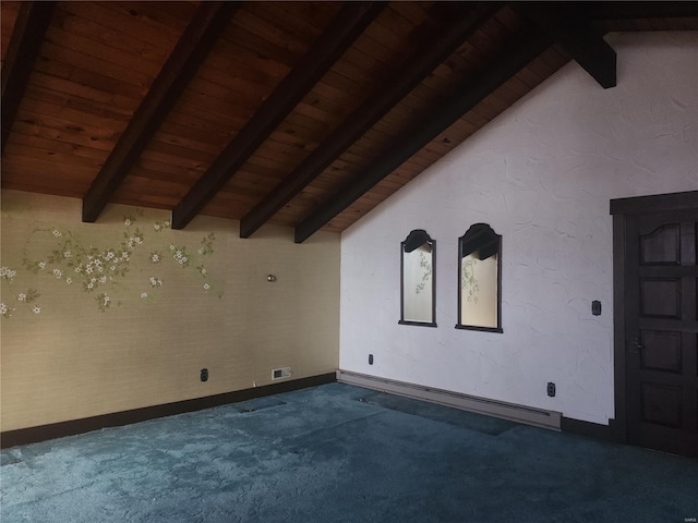 carpeted spare room with baseboard heating, wood ceiling, and lofted ceiling with beams