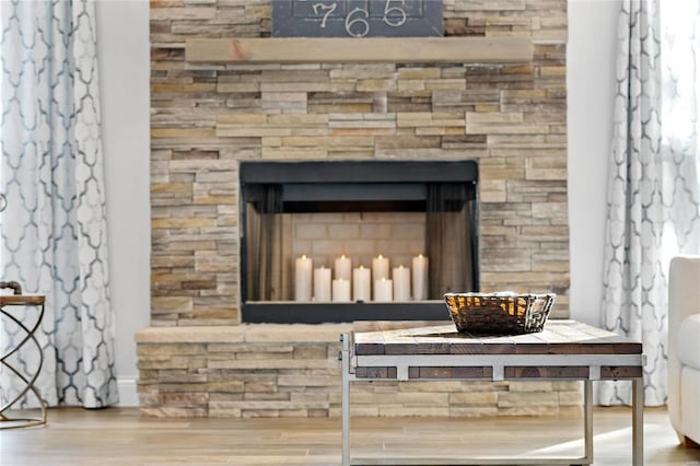 room details with a fireplace and wood-type flooring