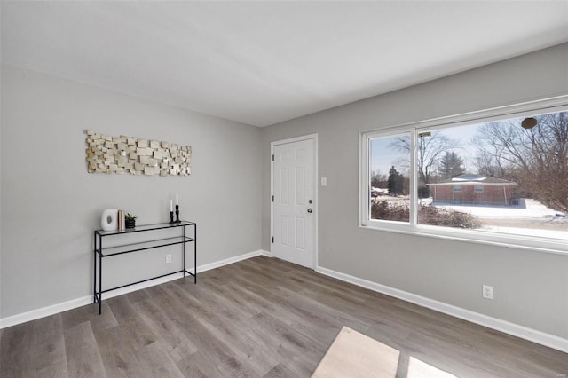 foyer with baseboards and wood finished floors