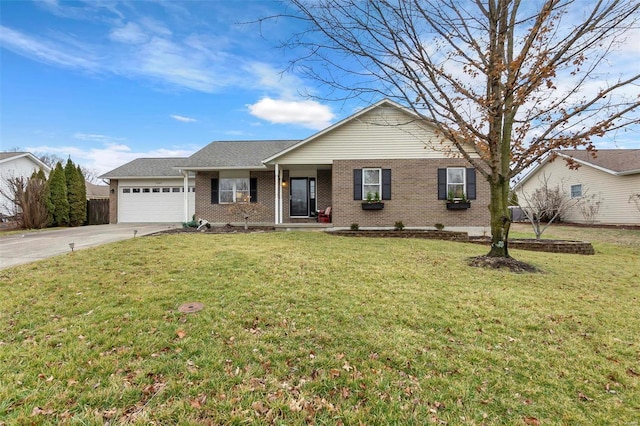 ranch-style house with a garage and a front yard