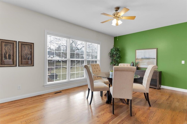 dining room with ceiling fan and light wood-type flooring