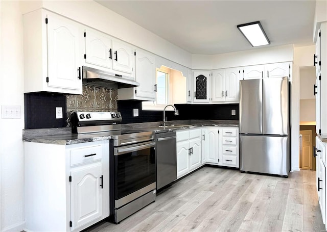 kitchen with under cabinet range hood, light wood-type flooring, appliances with stainless steel finishes, white cabinetry, and a sink