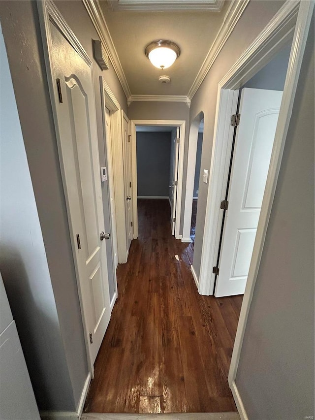 hallway with ornamental molding and dark wood-type flooring