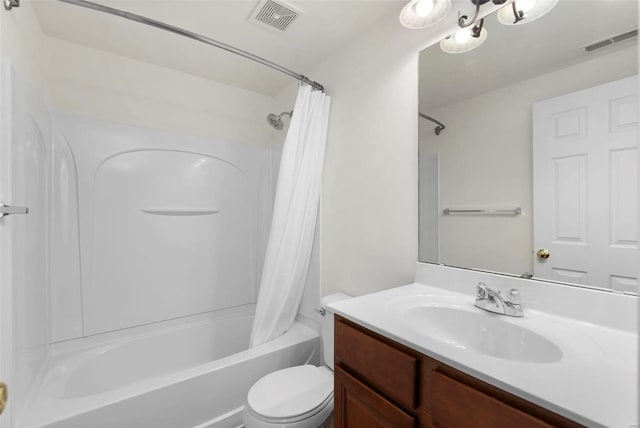 full bath with toilet, shower / bath combo, visible vents, and vanity