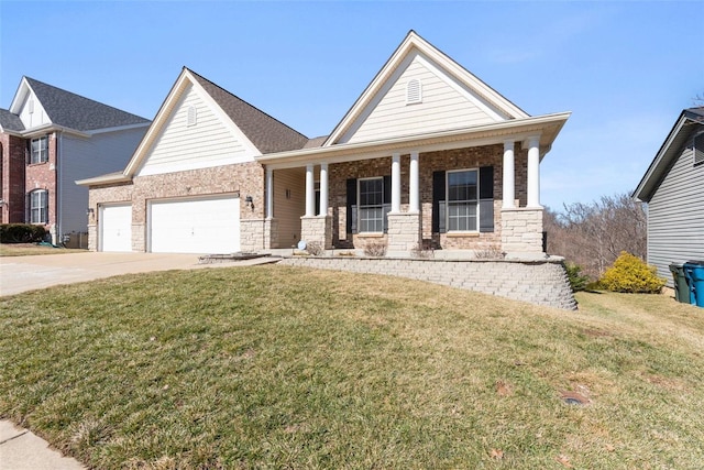 view of front of home with covered porch, concrete driveway, and a front yard