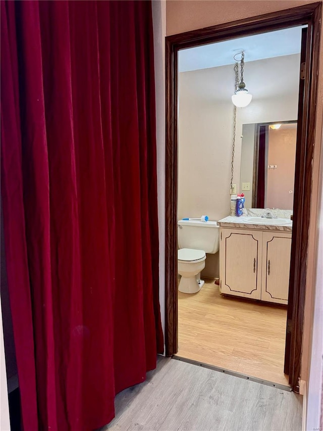 bathroom with wood-type flooring, toilet, and vanity