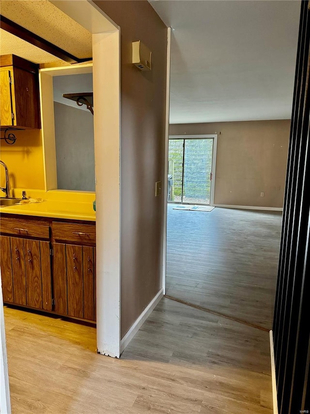 hallway with light hardwood / wood-style floors and sink