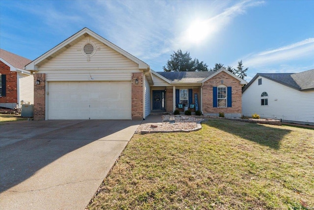 single story home featuring a garage and a front lawn