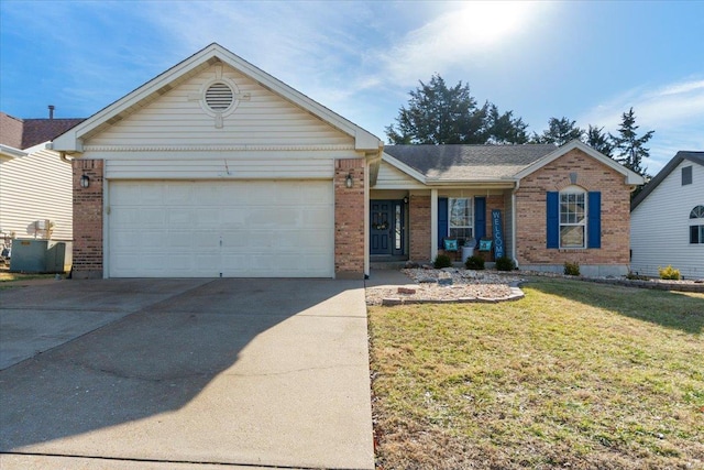 ranch-style home with a garage and a front yard