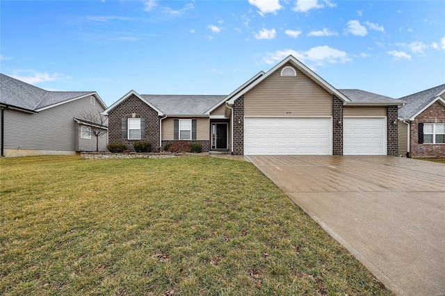 ranch-style house featuring a garage and a front yard