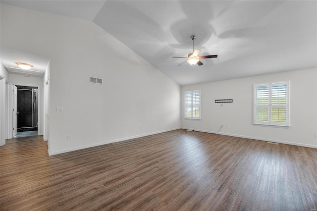 unfurnished room with ceiling fan, dark hardwood / wood-style flooring, and high vaulted ceiling