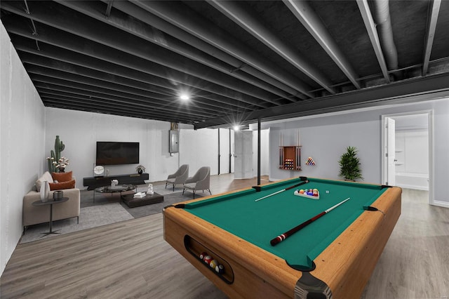 rec room with hardwood / wood-style flooring, pool table, and electric panel