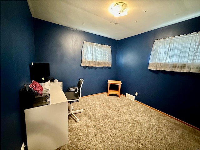 office area featuring a wealth of natural light and carpet