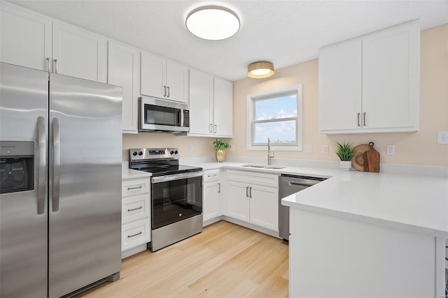 kitchen with sink, light hardwood / wood-style flooring, stainless steel appliances, white cabinets, and kitchen peninsula