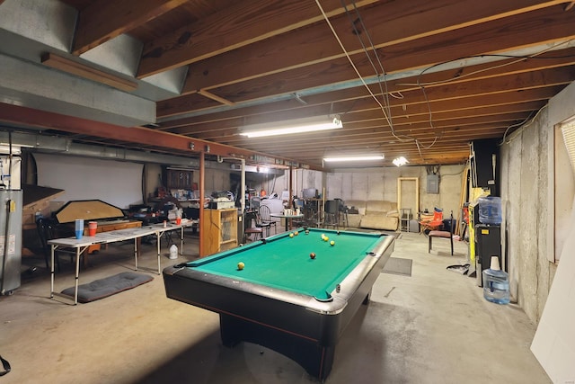 recreation room featuring pool table, electric panel, and water heater