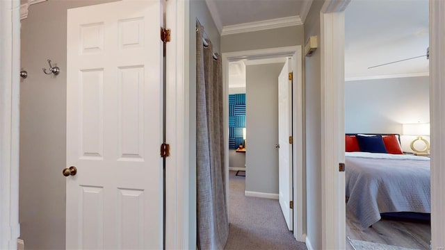 hall featuring ornamental molding and carpet