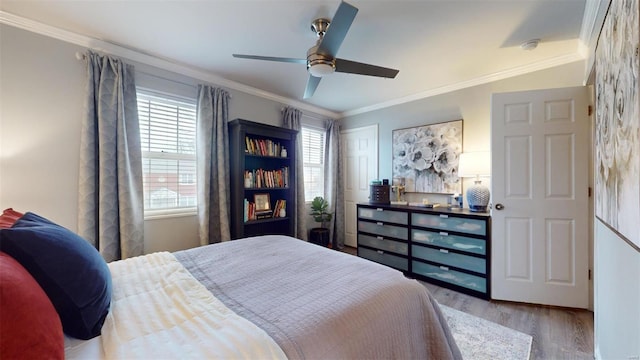 bedroom with multiple windows, crown molding, hardwood / wood-style floors, and ceiling fan