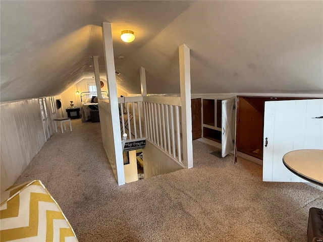 additional living space with light colored carpet and lofted ceiling