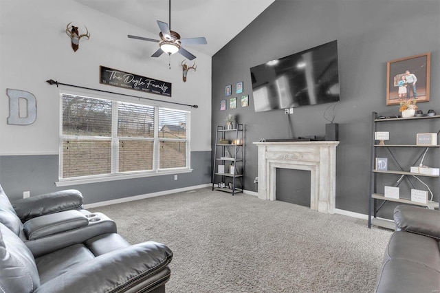 living room featuring high vaulted ceiling, ceiling fan, and carpet flooring