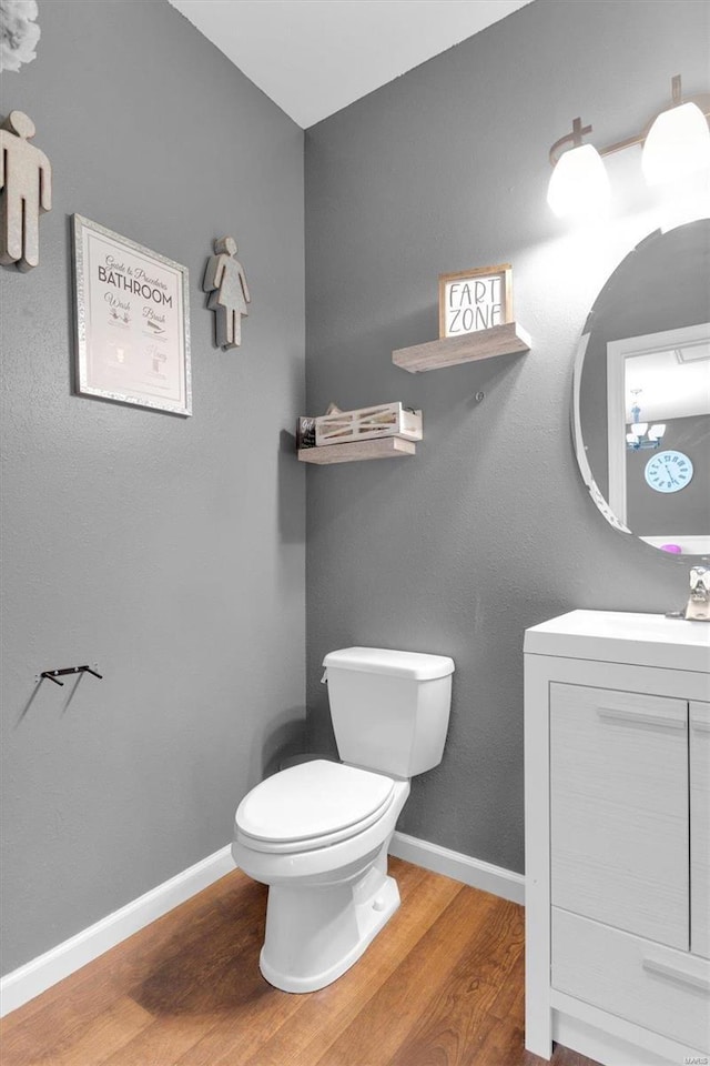 bathroom with vanity, hardwood / wood-style flooring, and toilet