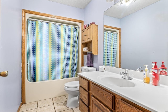 full bathroom featuring shower / bathtub combination with curtain, vanity, a textured ceiling, tile patterned floors, and toilet