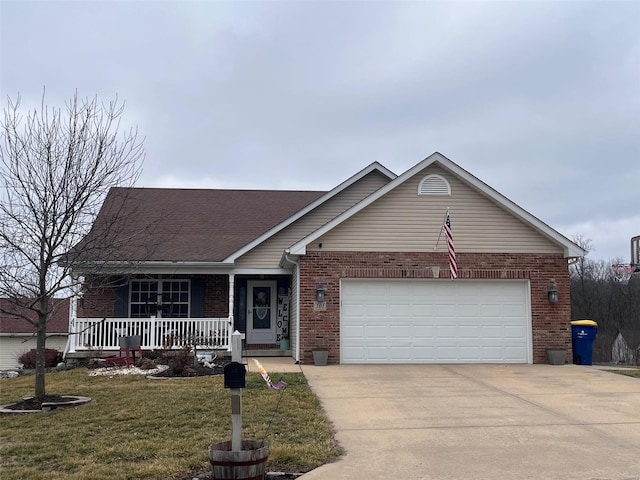 ranch-style house with a garage, covered porch, and a front yard