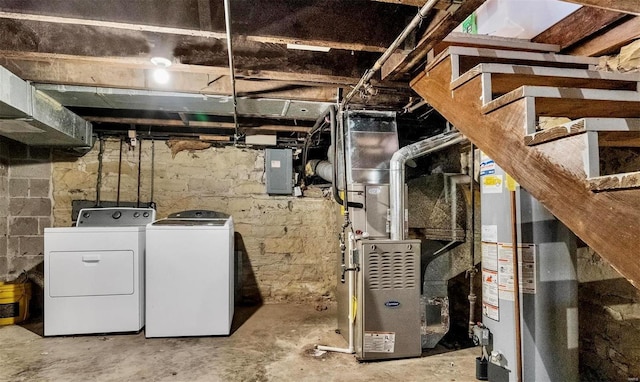 unfinished below grade area with water heater, washing machine and clothes dryer, electric panel, and heating unit