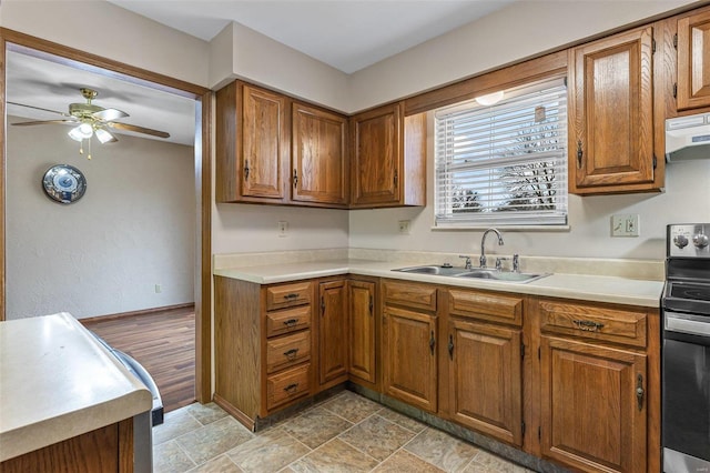 kitchen featuring sink, ceiling fan, and stainless steel range with electric stovetop