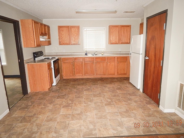 kitchen featuring white refrigerator, crown molding, sink, and electric range oven