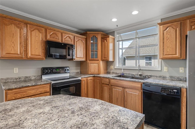 kitchen with crown molding, sink, and black appliances