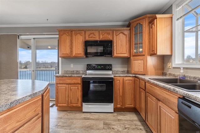 kitchen with crown molding, sink, and black appliances