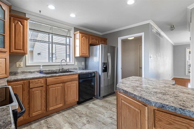 kitchen with black dishwasher, sink, stainless steel fridge, crown molding, and electric stove