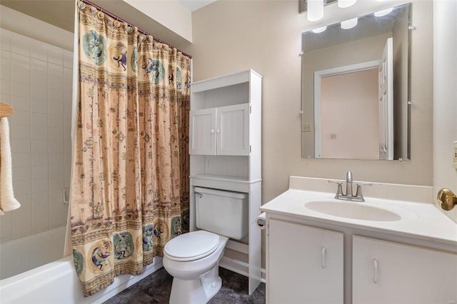 full bathroom with vanity, shower / tub combo, and toilet