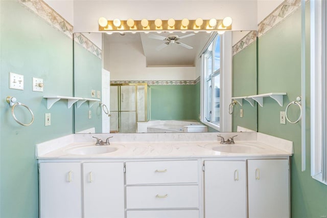 bathroom with vanity and ceiling fan