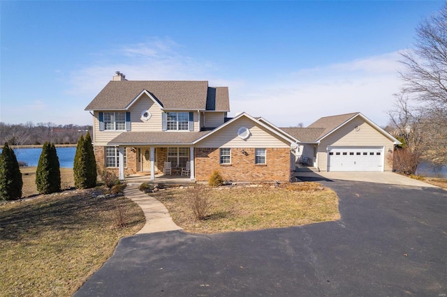 view of front of property featuring a garage, a front lawn, a water view, and covered porch