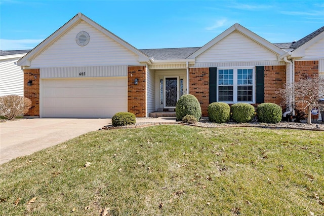 ranch-style house with brick siding, a front lawn, concrete driveway, and a garage