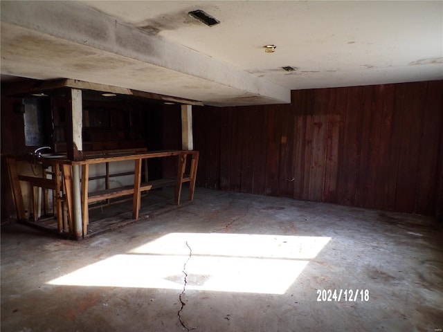 basement featuring wood walls