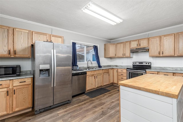 kitchen featuring wood-type flooring, butcher block counters, sink, stainless steel appliances, and crown molding